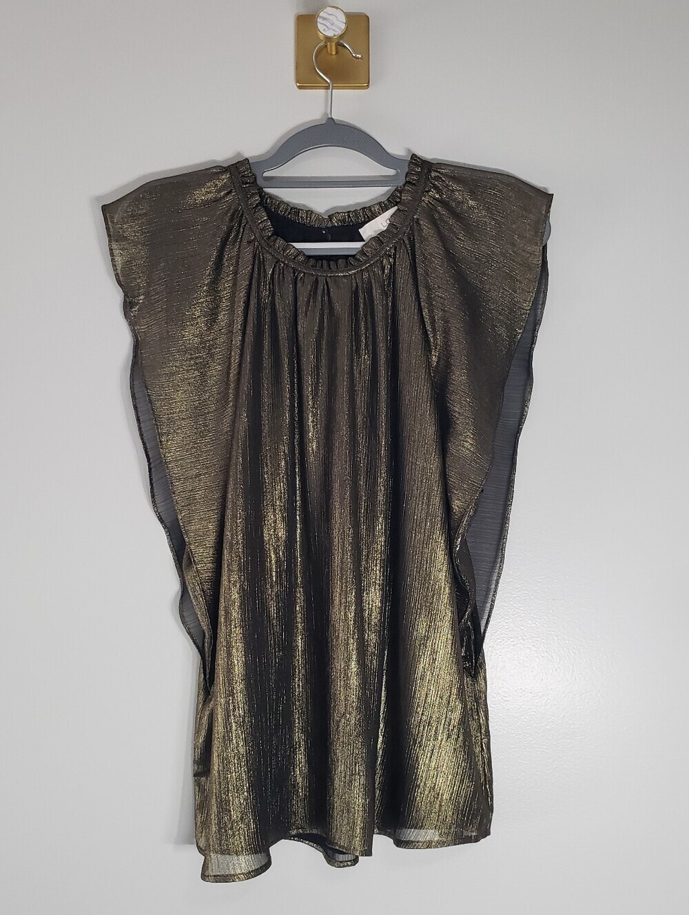 LOFT NWOT Metallic Gold Ruffle Sleeve Blouse XL Wedding Guest New Year's Eve